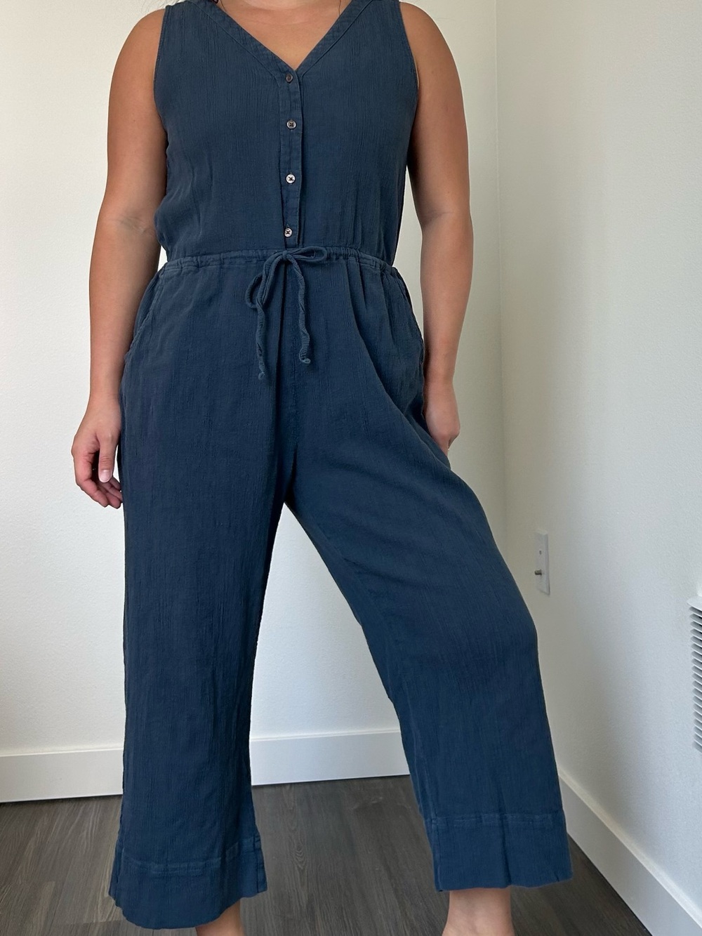 Pact 100% Organic Cotton Navy Drawstring Jumpsuit- M - Picture 2 of 8